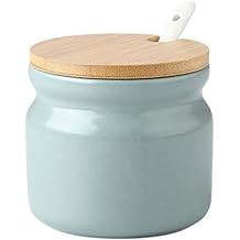 300ml Sugar Bowl Ceramic Spice Jar seasoning container salt jar with Bamboo Lid and Ceramic Spoon for Kitchen