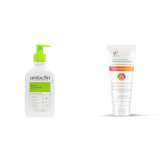 AmLactin Daily Moisturizing Lotion for Dry Skin 7.9 oz Pump Bottle 2-in-1 Exfoliator - Body Lotion with 12% Lactic Acid Packaging May Vary and vH essentials, Ph Balanced Daily Feminine Wash, Tea Tree Oil & Prebiotic, 6, Fl Oz, Pack Of 1 54306 Clear Bundle