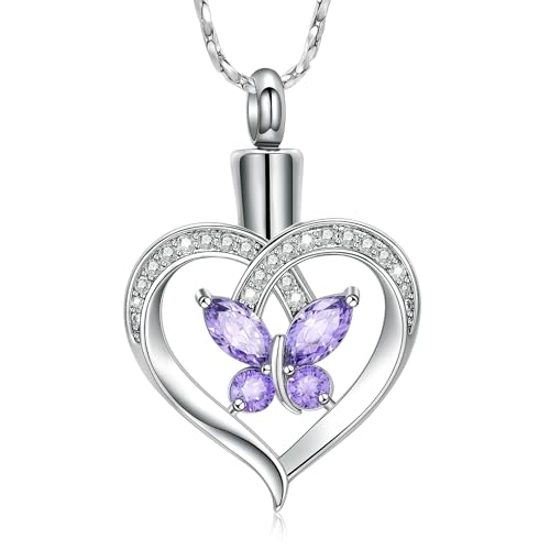 Imrsanl Butterfly Urn Necklaces for Women Girls Birthstone Cremation Jewelry Urns Pendant for Human Ashes Memorial Locket Keepsake Jewelry