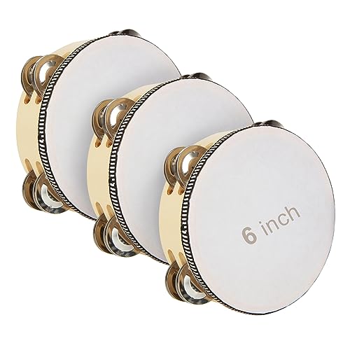 3 PCS Tambourine - 6 Inch Hand Held Wood Tambourine with Double Row Jingle Metal Jingles - Percussion Gift for Church, Party, KTV