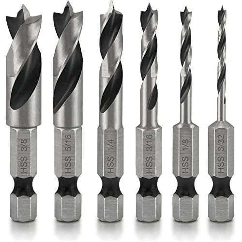 NEIKO 11401A 6 Piece Brad Point Drill Bit Set, Stubby Drill Bit Set for Wood, 14 Quick Change Hex Shank, HSS 4241 High Speed Steel for Quick Change Chucks and Drives, Drill Bit Holder Included