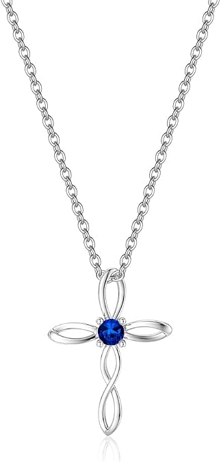 Silver Birth Stones Cross Necklace for Women Infinity Heart Religious Faith Zircon Cross Necklace for Ladies Jewelry Gifts 18+2 Chain