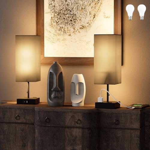 Table Lamp for Bedroom with USB,Bedside Lamp with USB CA Charging Ports,Adjustable 3color LED Light for Home DecorNightstandOffice,Included Bulb and Fabric Lamp Shade Linen Black, 2PCS
