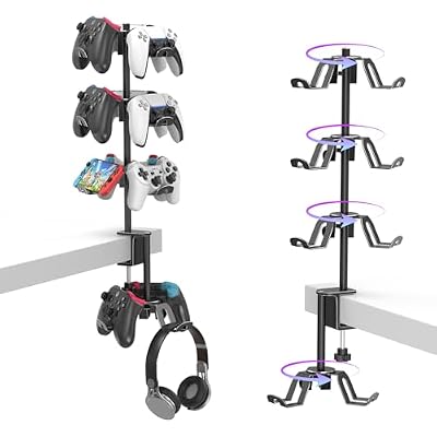 Rotatable 4 Tier Desk Clamp Controller Headset Stand, Universal Under Desk Controller Holder Rack for PS5 Xbox Nintendo Switch PC PS4, Aluminum Gaming Headphone Hanger, Black