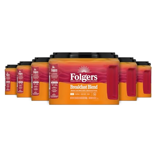 Folgers Breakfast Blend Ground Coffee, Mild Roast, 22.6 Oz. Canister Pack of 6