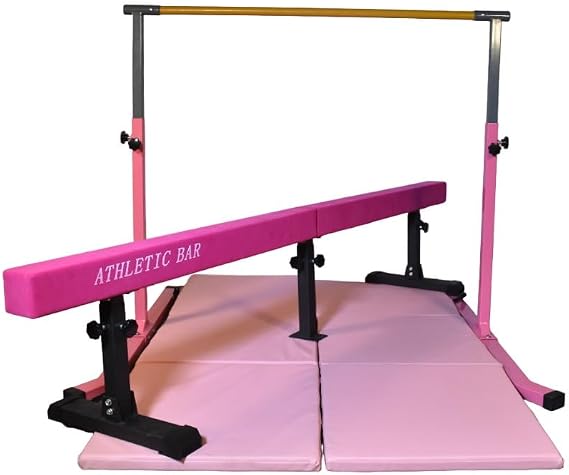 Iron Bar Gymnastics Bar Horizontal Bar 5 FT Height Adjustable Kip Bar Full Set + 6 FT x 4 FT Tumble Mat + 8 FT Adjustable Balance Beam for Kids Gymnasts, Boys Girls Home Gymnastic Training Set Pink