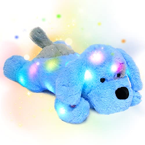 Hopearl LED Plush Puppy Light up Stuffed Animal Dog Floppy Pup Night Lights Glow in The Dark Christmas Winter Birthday Gifts for Kids Toddler Girls, Blue, 17