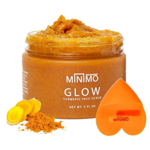 Minimo Glow Turmeric Face Scrub Unscented With Heart Applicator - Infused with Turmeric, Manuka Honey, Cinnamon, and Chamomile - Face Scrubber for All Skin Types - 5 FL OZ 147 ML