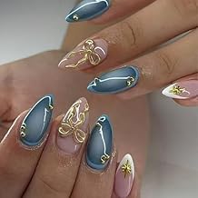 24Pcs Fall French Tip Press on Nails Almond Medium Fake Nails with Golden Bow Steel Ball Design Blue Gradient False Nails Acrylic Nails Press ons Artificial Full Cover Glue on Nail for Women