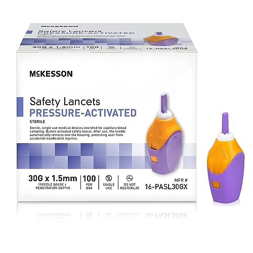 McKesson Safety Lancet, Retractable, Pressure-Activated Finger Device, Sterile - Ideal for Blood Testing - Single Use, 30 Gauge, 1.5mm Depth, 100 Count, 1 Pack