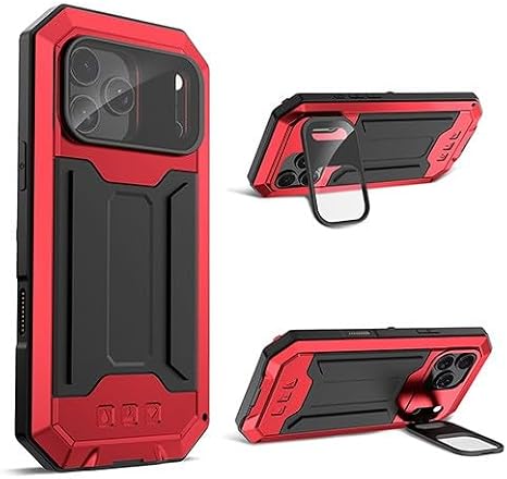 Generic Case for iPhone 17 Pro Max Color: Red Shockproof Lens Stand Metal Hard Back Hard Silicone Full Case