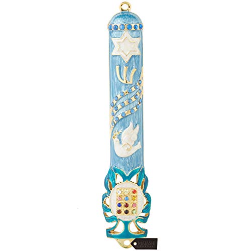Matashi Hand Painted 5.7 Blue Dove Mezuzah Embellished with Gold Accents and Star of David with Crystals, Hand-Painted Enamel Home Door Wall Decor Housewarming Present House Blessing Gift for Holiday