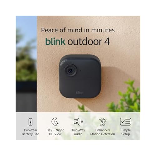 Blink Outdoor 4 Wireless smart security camera, two-year battery life, 1080p HD day and infrared night live view, two-way talk. Sync Module Core included 3 camera system