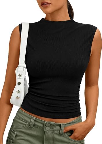 PRETTYGARDEN Sleeveless Tops for Women Ribbed Mock Neck Tank Top Slim Fitted Ruched Basic Layering Shirts 2026 Summer Clothes