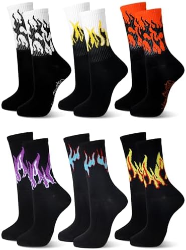Fourluoo 6 Pairs Women Flame Socks Fashion Men Fire Print Crew Socks Breathable Cotton Casual for Fall Winter Sports