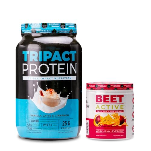 Nutrology TRIPACT Protein Powder, 7-in-1 Meal Replacement Shake, Vanilla Latte Cinnamon Flavor 40 Servings Beet Active, Natural Pre-Workout Powder, Passion Fruit Flavor 30 Servings