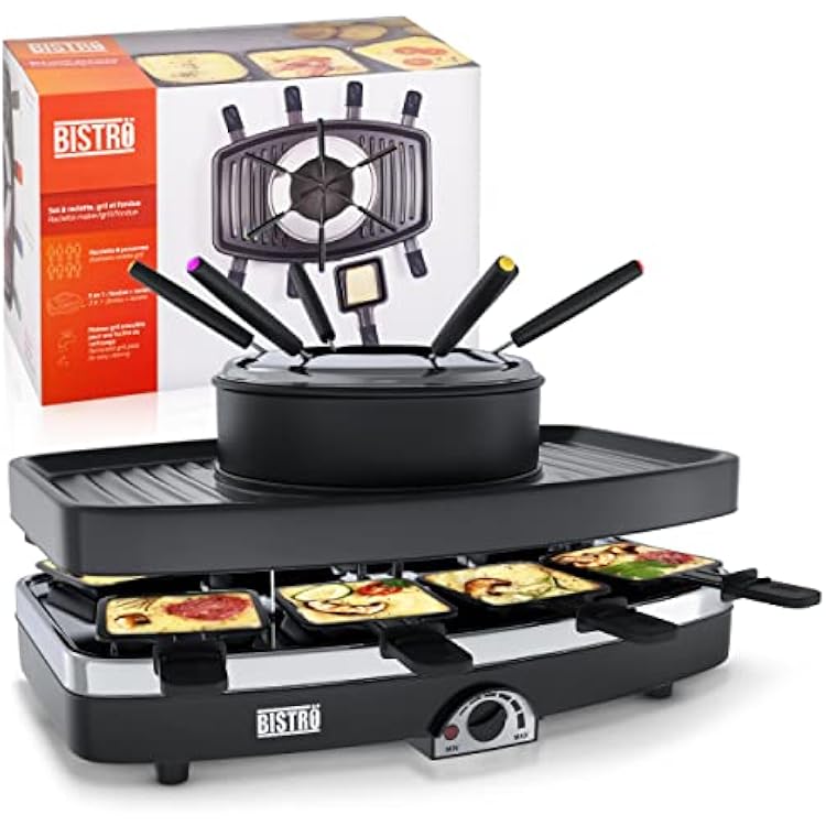 Fondue Pot Set | 1.3L Fondue Pot Electric Set with Raclette, Grill Plate, 6 Fondue Forks, 8 Small Nonstick Pans | Thermostat Controlled Fondue Set for Melting Chocolate, Cheese