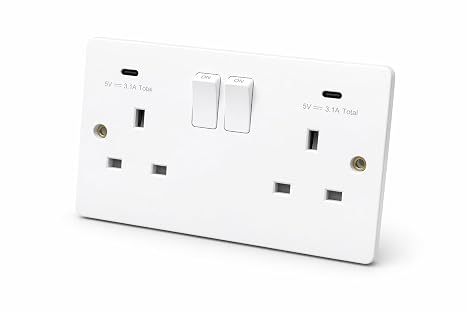 SHP Electrical® Curved Double Socket with 2 x FASTCHARGE 15W USB-C Ports, 2 Gang Switched Wall Socket White, Double Plug Socket for Bedroom Kitchen Office