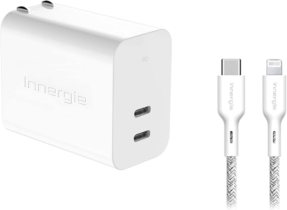 Innergie 63W PD3.0 QC4.0 PPS Dual-Port USB C Wall Charger and USB C to Lightning Cable Apple Mfi Certified 3A Charging Cable