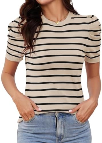 AKEWEI Puff Short Sleeve Sweater for Women Tops Trendy Spring Summer 2025 Business Casual Outfits Knit Crewneck Shirt Blouses
