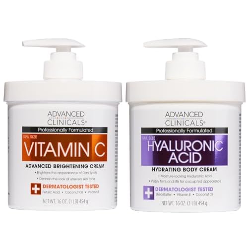 Advanced Clinicals Hyaluronic Acid Moisturzier  Brightening Vitamin C Cream 2pc Skincare Set For Women & Men | Face Moisturizer & Body Cream Helps Improve Look Of Crepey Skin & Uneven Skin Tone, 2pc