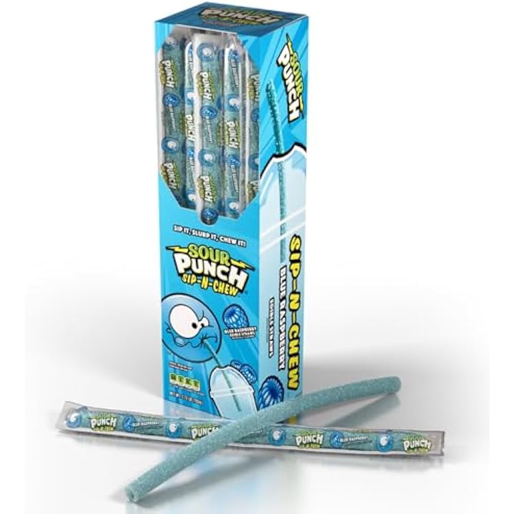 Sour Punch Sip-N-Chew Candy Straws, Blue Raspberry Flavor, 30 Count 0.9 oz Each Edible Drinking Straws, Individually Wrapped, Sweet & Sour Chewy Candy, Party & Snack Pack