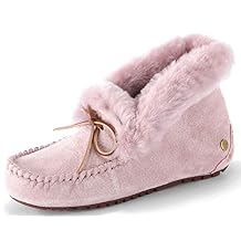 Women's Moccasin Slippers with Warm Wool Lining, Pigskin Leather Non-Slip Rubber Sole for Indoor and Outdoor Casual Winter Flat Shoes