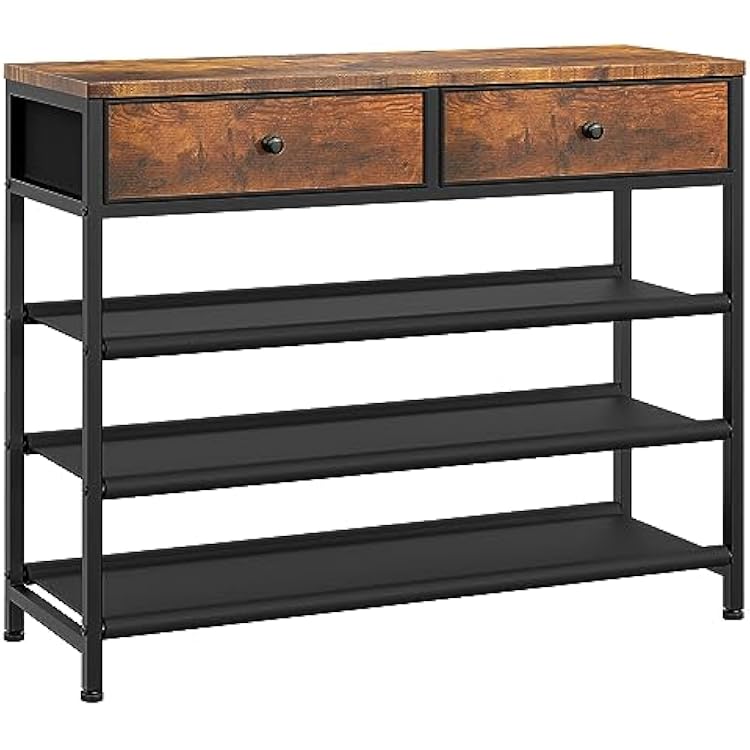 usikey Shoe Rack, 4 Tier Shoe Storage Organizer with 2 Drawers, Metal Shoe Shelf for 12-15 Pairs of Shoes, with 3 Oxford Fabric Shelves and Wooden Top, Shoe Stand for Entryway, Rustic Brown UNYXJX008F