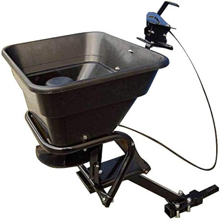 Field Tuff 12V 80 Pound Capacity Grass Seed Fertilizer Spreader with Hitch Mount Receiver and Rain Protector for ATV, UTV, or Utility Tractor