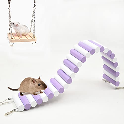 Small Pet Toys Set, Wooden Hamster Bridge Toy with Hanging Swing Climbing Rat Chew Toys