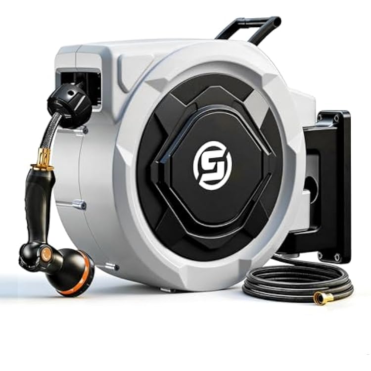 SUNPOW Retractable Garden Hose Reel - 58in x 100ft Heavy Duty Wall Mounted Hose Reel with 34in Brass Fitting & 10 Function Nozzle - Any Length Lock, Auto Rewind System, 180Swivel Bracket - Gray