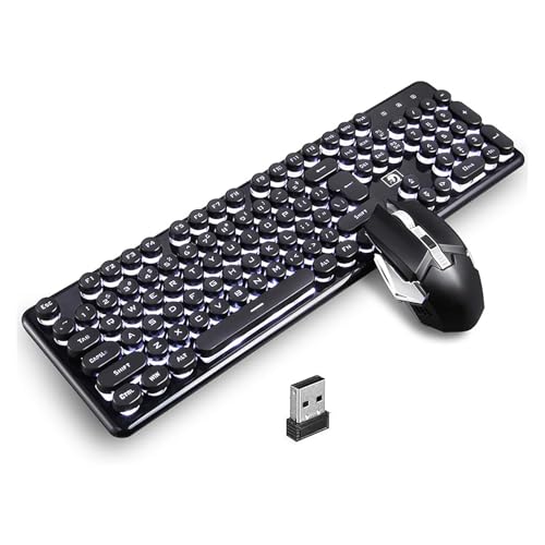 Charging Keyboard Mouse, Backlit Gaming Mice and Keyboard Combo Wireless 2.4G USB Drive Free, 12 Multimedia Keys, Ergonomic Anti-ghosting, Retro Punk Round Keycaps for Office Gaming Use Black-White