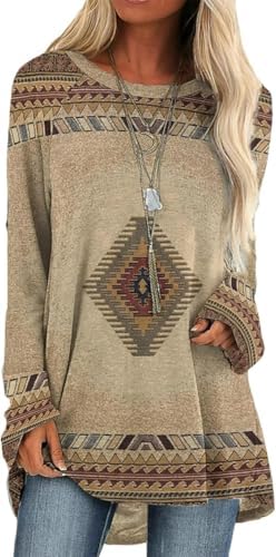 Bengbobar Native American Aztec Print Pullover Western Sweatshirts Long Sleeve Crewneck Vintage Graphic Shirts Casual Tops