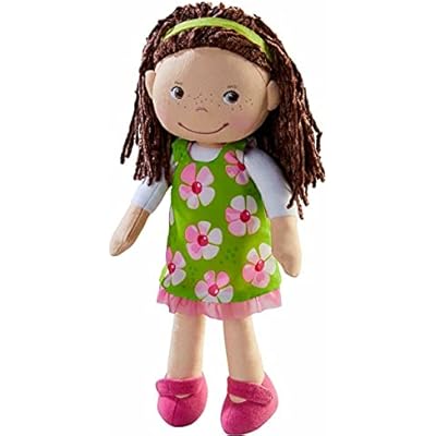HABA Coco 12 Soft Baby Doll with Brown Hair, Embroidered Face, Removable Green Dress, Matching Headband - Machine Washable Toddler Doll - 18 Months