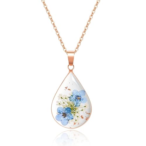 KBFORU Flower Necklaces for Women,Forget-Me-Not and Queen Annes Lace Pressed Flower Necklace,Fashionable,Unique,Personalized Jewelry,Classic Teardrop-Shaped Resin Pendant - Gold | 18