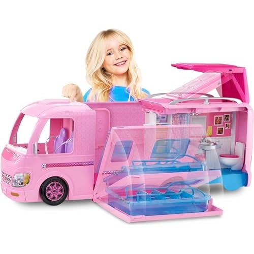 Barbie Camper Playset, DreamCamper Toy Vehicle with 50 Accessories Including Furniture, Pool & Slide, Hammocks & Fireplace