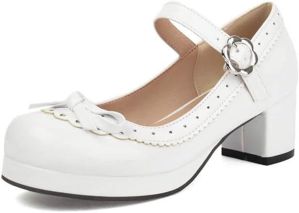 Elbslutt Women's Cute Lolita Cosplay Shoes Low Mid Chunky Heel Buckle Strap Round Toe Mary Jane Pumps Mid Block Heel Pumps with Bows Sweet Lolita Tea Party Shoes