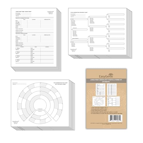 LARGE PRINT Genealogy Charts and Forms Kit 30 Sheets | Includes 10 Pedigree Charts, 10 Fan Charts, and 10 Family Group Sheets
