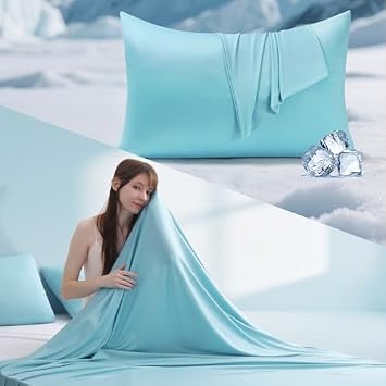 Elegear Silver Ion Cooling Pillowcase Gray 20" x 60" and Silver Iron Cooling Blanket Throw XL Blue Bundle