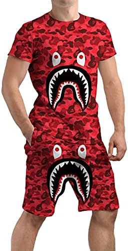 Swebape Shark Shorts And Camo T-shirt Set 2 pcs Unisex Quick Dry Swim Trunks Suit For Men Women Teenagers redcamo, M