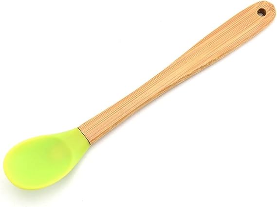 Mini Silicone Spatula, Heat Resistant Mini Spatula Scraper Brush Spoon with Bamboo Handle for Scraping Kitchen Spoon Spatula Set, Cooking, Baking and Mixing,Spatulas,Cooking Utensils (Green Spoon)