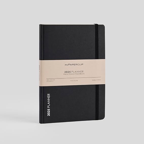 myPAPERCLIP 2025 Weekly Planner D2, Section Thread Bound, Hand Drawn Hard Back, A5 (148 x 210 mm, 5.83 x 8.27 in), Black Spine