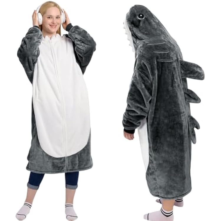 Waitu Shark Blanket Hoodie Funny Birthday Gifts for Women Men Boys Girls, Zipper Wearable Shark Hooded Blanket Cute Shark Costume Cozy Flannel Shark Sleeping Bag for Shark Gifts Adult, Dark Gray