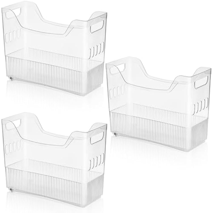 Peohud 3 Pack Freezer Organizer Bins with Wheels, Clear Plastic Pantry Storage Organizer with Handle, Tall Narrow Kitchen Organization Rolling Bins for Fridge, Cabinet, Bathroom, Under Sink, Office