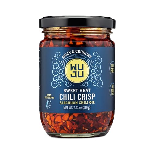 WUJU Sweet Chili Crisp - Crunchy Spicy Peppers, Chilies, Garlic Crisps, Sesame Seed in Szechuan Chili Oil, for Recipes, Toppings - 7.41 Ounce - 1 Pack
