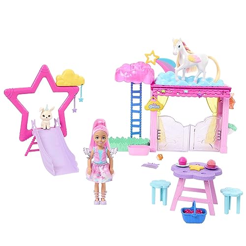Barbie Chelsea Doll & Baby Pegasus Playset, Winged Horse Toys, A Touch of Magic Set with Stable, Small Doll, Pet Bunny & Accessories