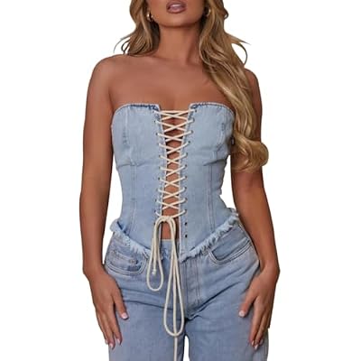 Womens Strapless Criss Cross Denim Corset Tube Top Sexy Hollow Out Lace Up Bustier Jean Camisole Shapewear
