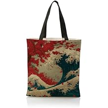 Vintage Japanese Art Canvas Tote Bag, The Great Wave off Kanagawa with Red Maple Totes, Reusable Shopping Bags, Funny Shoulder Bag for Shopping Work Travel Beach