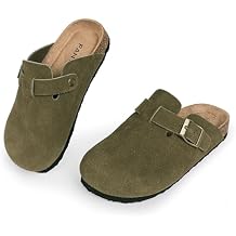 FANTURE Kids Genuine Suede Clogs with Cork Footbed - Adjustable Buckle Leather Sandals for Boys Girls Slip On Mules for Indoor & Outdoor