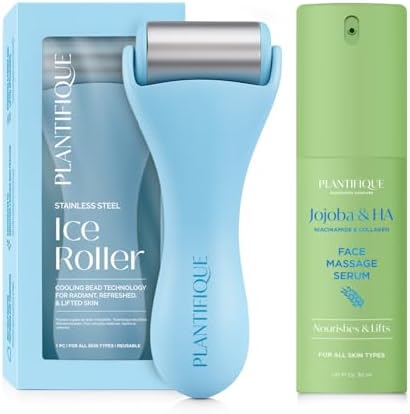 PLANTIFIQUE Facial Ice Roller - Puffiness Cryotherapy Skin Care Massage Tool - Stainless Steel Roller and Korean Jojoba Oil & Hyaluronic Acid Face Massage Serum Hydrating Anti-Aging Collagen